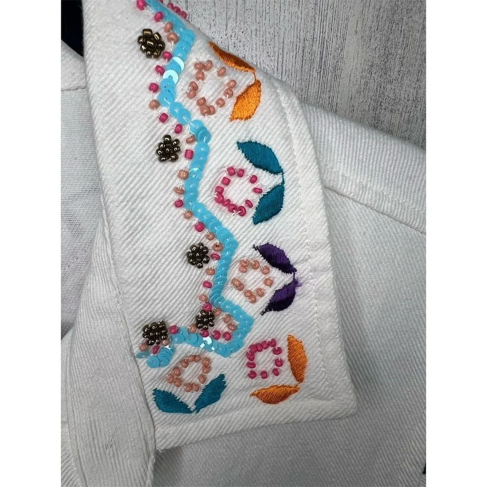 Boston Proper Womens White Mandala Embellished Denim Jacket Size S Boho Beaded - Picture 7 of 16